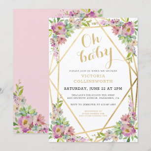 Pretty Pink Floral Gold Geometric Baby Shower Invitation