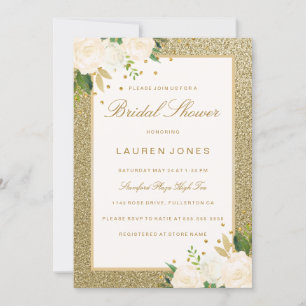 Pretty Pink floral Gold Glitter Bridal Shower Invitation