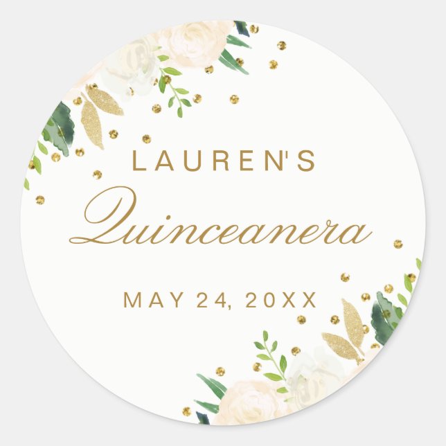 Pretty Pink floral Gold Glitter Quinceanera Classic Round Sticker (Front)