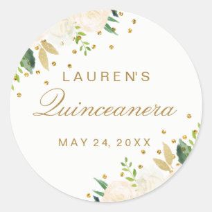 Pretty Pink floral Gold Glitter Quinceanera Classic Round Sticker