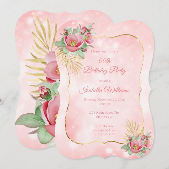 Pretty pink floral Gold palm Birthday Party Invitation (Front/Back)
