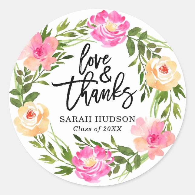 Pretty Pink Floral Graduation Thank You Sticker (Front)