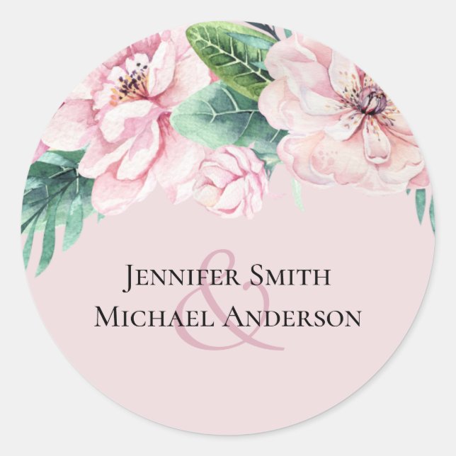 Pretty Pink Floral Green Leaves Wedding Budget Classic Round Sticker (Front)