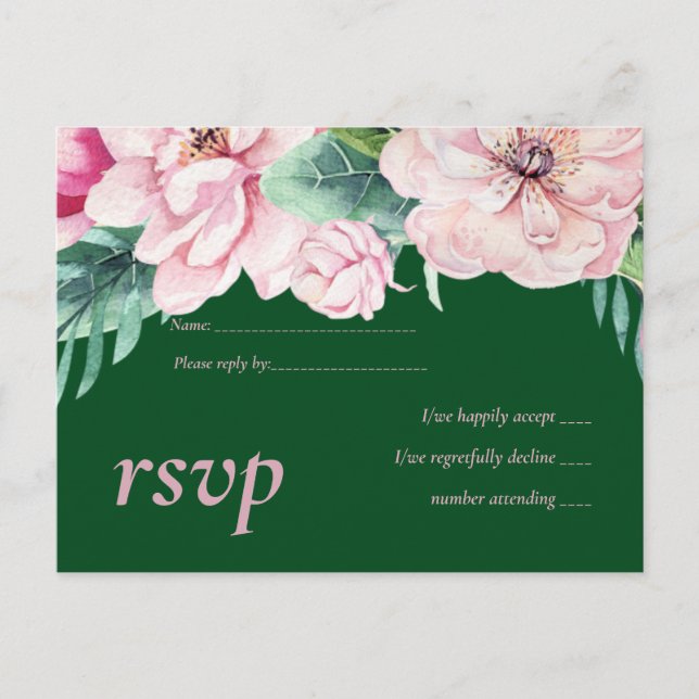 Pretty Pink Floral Green Leaves Wedding Budget Invitation Postcard (Front)