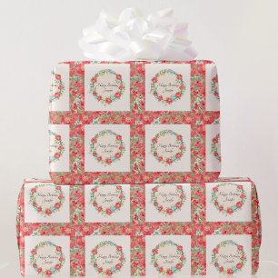 Pretty Pink Floral Happy Birthday Add Name Wrapping Paper