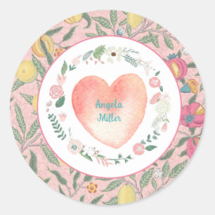 Pretty Pink Floral Heart Grandmillenial  Classic Round Sticker