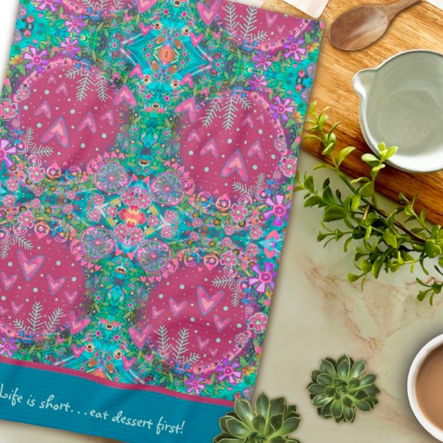 Pretty Pink Floral Heart Pattern Custom Quote  Tea Towel (Creator Uploaded)