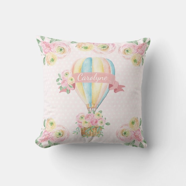 Pretty Pink Floral Hot Air Balloon Girl Nursery Cushion (Front)