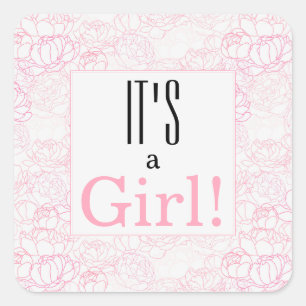 Pretty PInk Floral It's a Girl Baby Shower Square Sticker