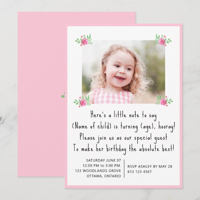 Pretty Pink floral little girls Birthday Photo Invitation (Front/Back)
