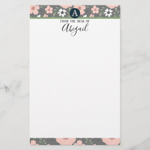 Pretty Pink Floral Monogram Fancy Script Stationery