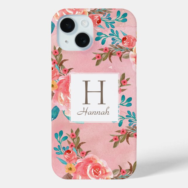 Pretty Pink Floral Monogram Pink Pattern Case-Mate iPhone Case (Back)