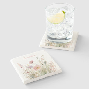 Pretty Pink Floral Name Stone Coaster