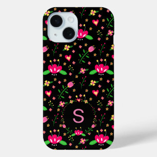 Pretty Pink Floral on Black Monogram iPhone 15 Case