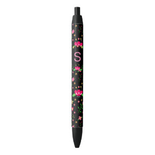 Pretty Pink Floral on Black Monogram Ink Pen