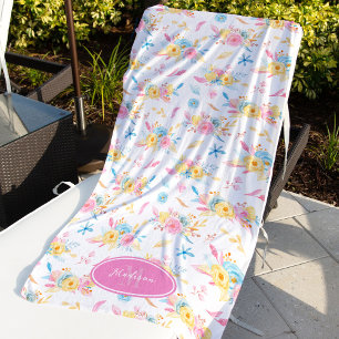 Pretty Pink Floral Pattern Monogrammed Beach Towel