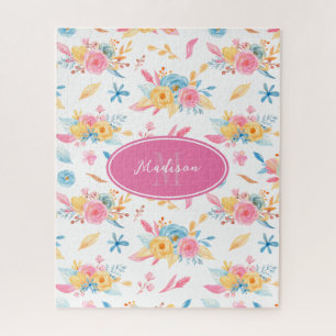 Pretty Pink Floral Pattern Monogrammed Jigsaw Puzzle