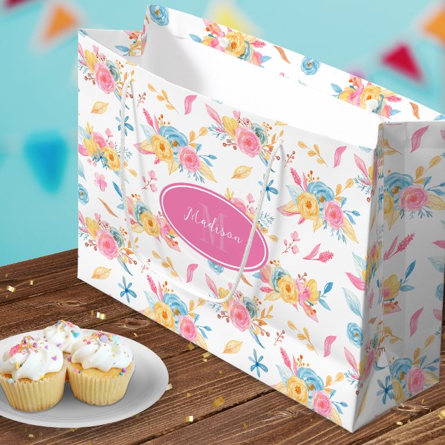Pretty Pink Floral Pattern Monogrammed Large Gift Bag (Creator Uploaded)