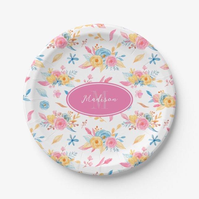 Pretty Pink Floral Pattern Monogrammed Paper Plate (Front)