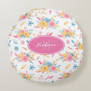 Pretty Pink Floral Pattern Monogrammed Round Cushion