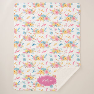 Pretty Pink Floral Pattern Monogrammed Sherpa Blanket