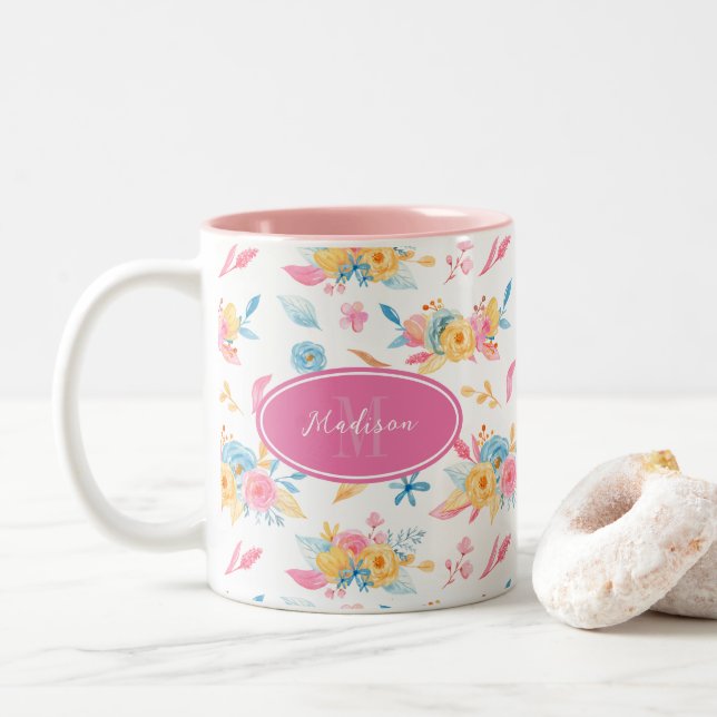 Pretty Pink Floral Pattern Monogrammed Two-Tone Coffee Mug (With Donut)