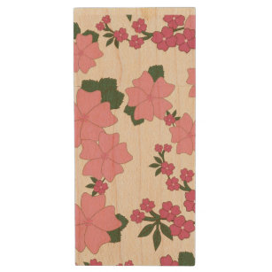 Pretty Pink Floral Pattern Wood USB Flash Drive