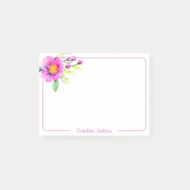 Pretty pink floral personalised post-it notes (Front)
