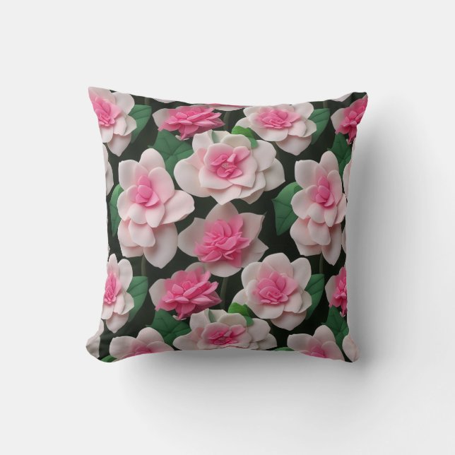 Pretty pink floral pink roses pink dahlias peonies cushion (Front)