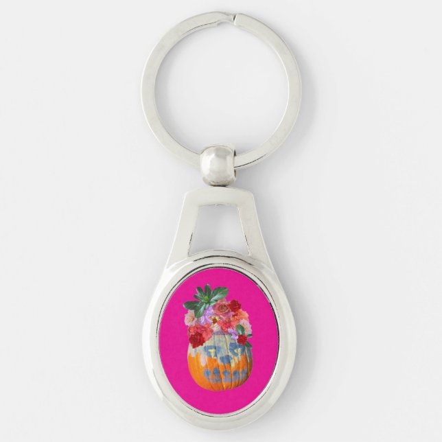 Pretty Pink Floral Pumpkin Keychain (Front)