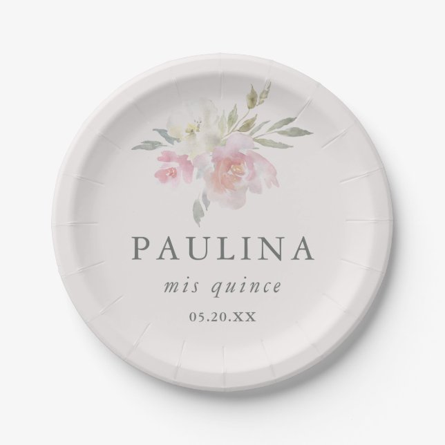 Pretty Pink Floral Quinceanera Date and Name Paper Plate (Front)