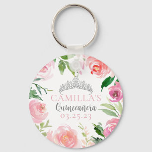 Pretty Pink Floral Quinceañera Silver Tiara Party Key Ring