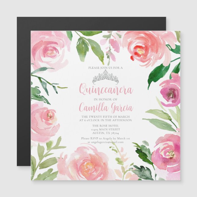 Pretty Pink Floral Quinceañera Silver Tiara Square Magnetic Invitation (Front/Back)
