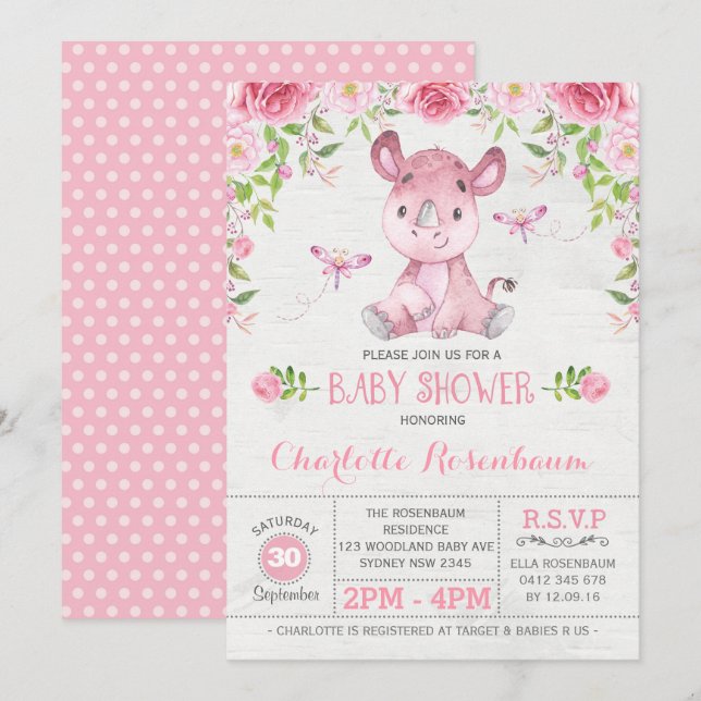 Pretty Pink Floral Rhinoceros Baby Girl Shower Invitation (Front/Back)