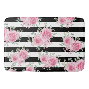 Pretty Pink Floral Rose Black Stripes Baby Blanket Bath Mat