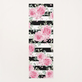 Pretty Pink Floral Roses Black Stripes Yoga Mat