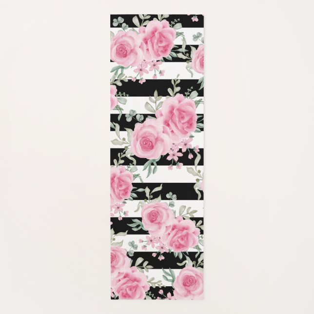 Pretty Pink Floral Roses Black Stripes Yoga Mat (Front)