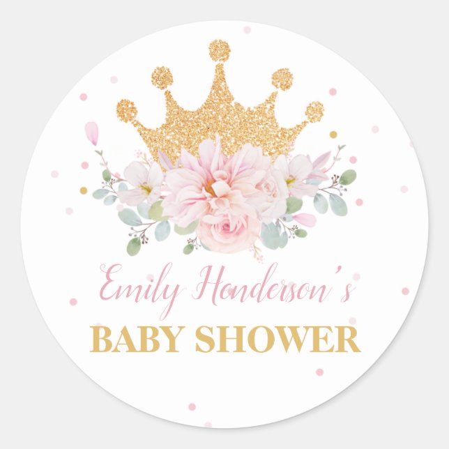 Pretty Pink Floral Royal Crown Princess Birthday Classic Round Sticker (Front)