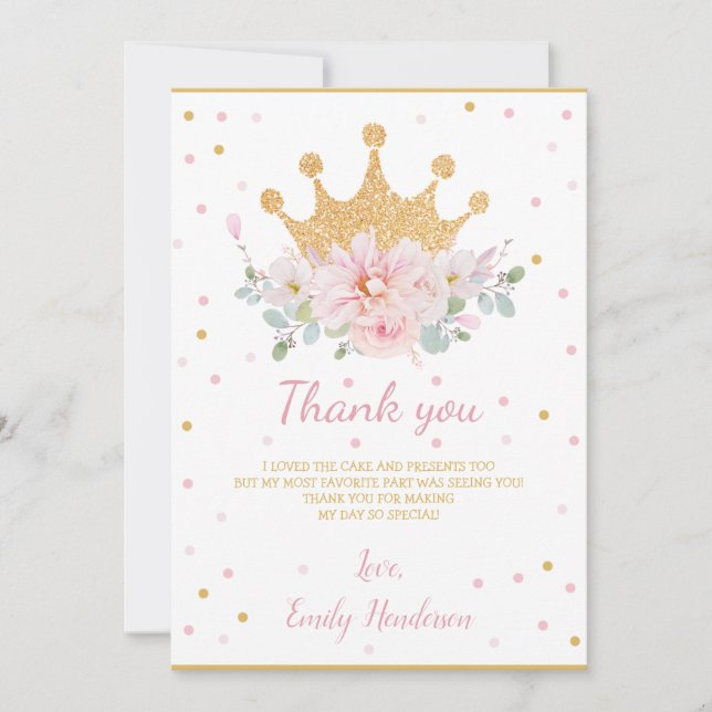 Pretty Pink Floral Royal Crown Princess Birthday T Thank You Card (Front)