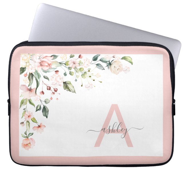 Pretty Pink Floral Script Monogram Initial Name Laptop Sleeve (Front)