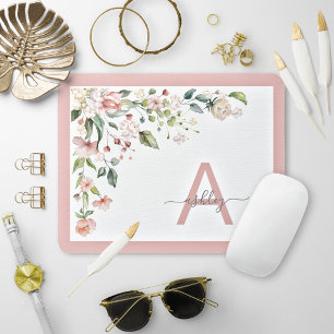 Pretty Pink Floral Script Monogram Initial Name Mouse Mat