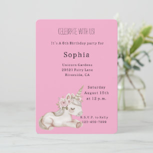 Pretty Pink Floral Unicorn Birthday Invitation