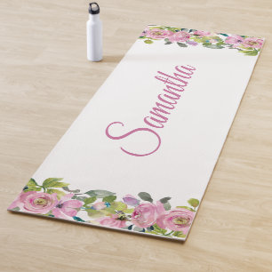 Pretty Pink Floral Watercolor Personalised Name  Yoga Mat