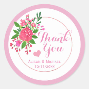 Pretty Pink Floral Wedding Thank You Classic Round Sticker