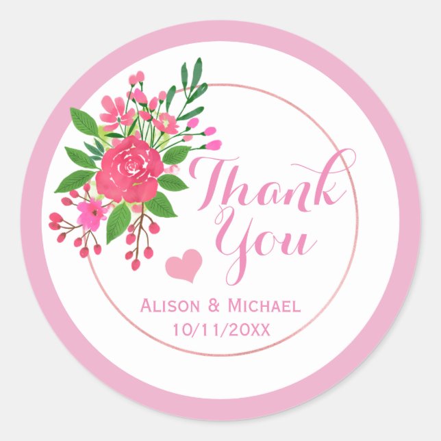 Pretty Pink Floral Wedding Thank You Classic Round Sticker (Front)