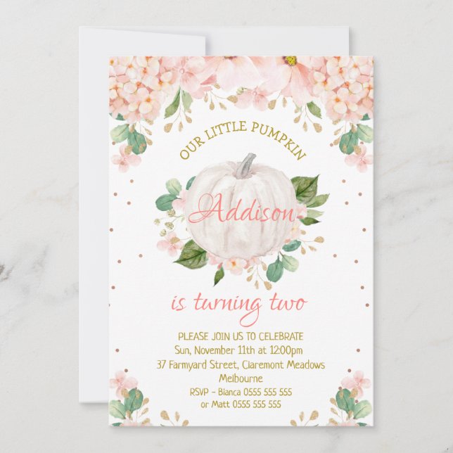 Pretty Pink Floral White Pumpkin Birthday Invitation (Front)