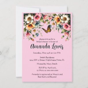 Pretty Pink Floral with Butterfly Bridal Shower Invitation
