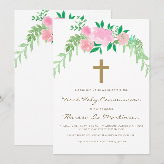 Pretty Pink Floral with Cross First Holy Communion Invitation (Front/Back)