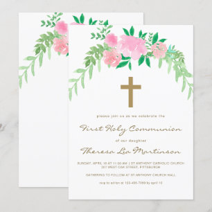 Pretty Pink Floral with Cross First Holy Communion Invitation