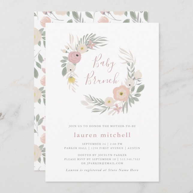 Pretty Pink Floral Wreath | Baby Brunch Invitation (Front/Back)